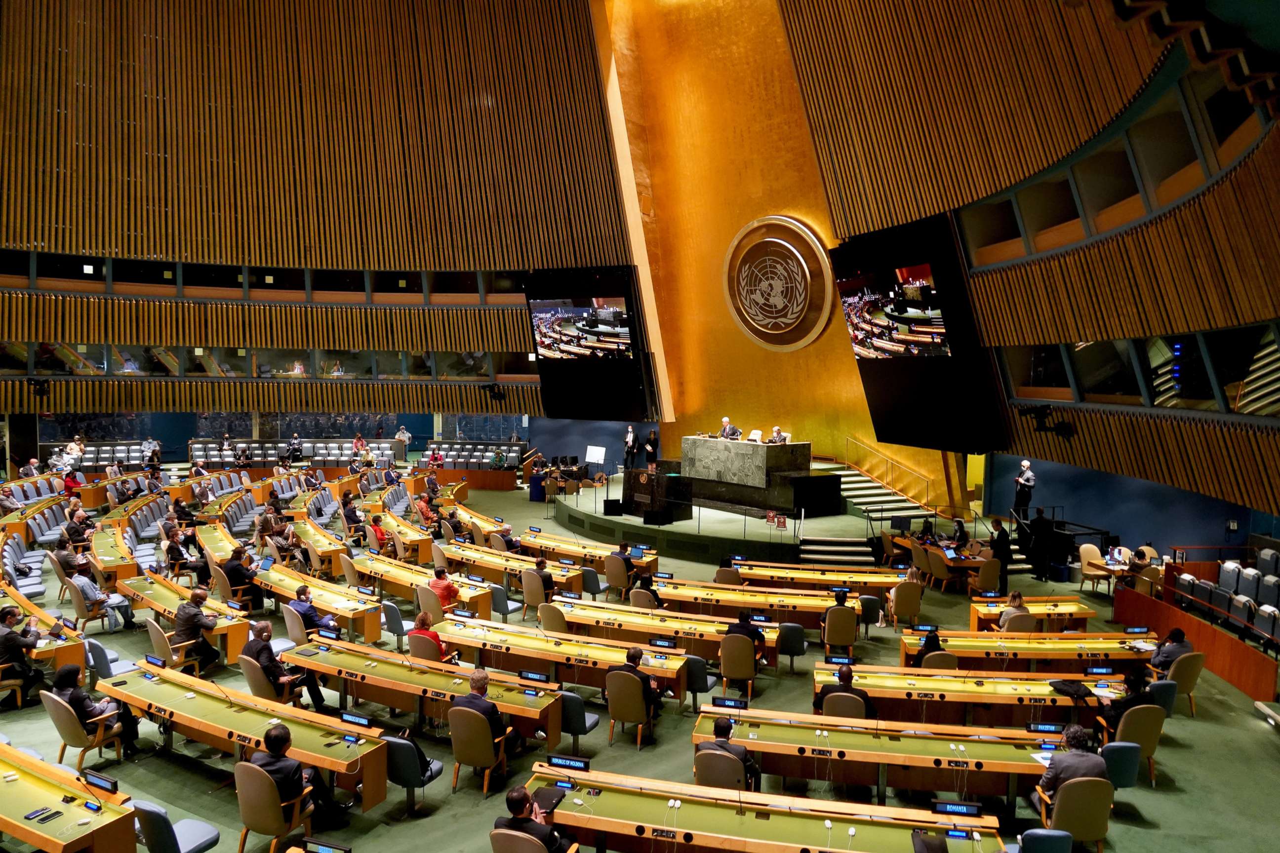 PHOTO: The 75th session of the UN General Assembly has a small number of attendees due to the COVID-19 pandemic in the famous UNGA hall at New York Headquarters, Sept. 15, 2020.
