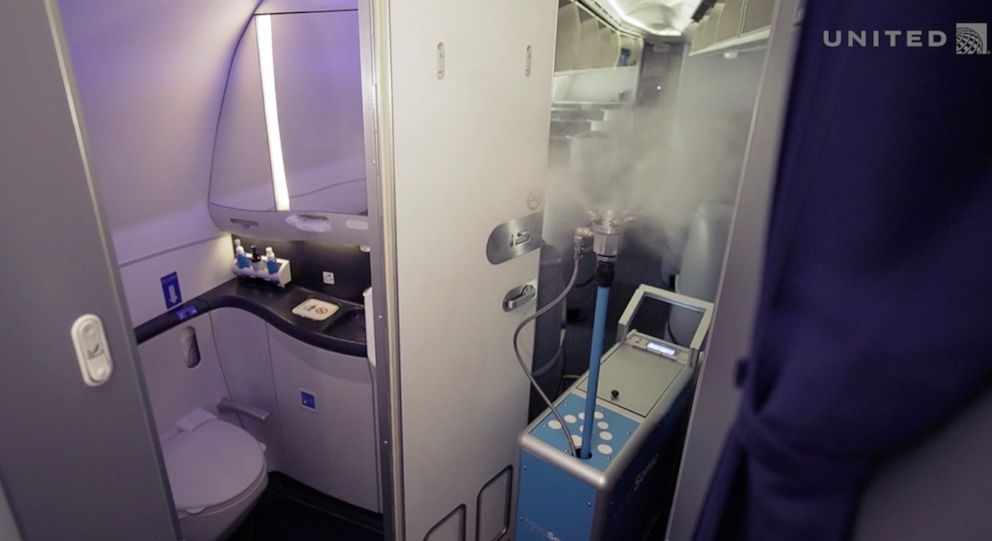 PHOTO: United says during deep cleanings of some of its aircraft it will use the NovaRover which is designed to apply a super fine mist of antimicrobial spray that coats all surfaces in a 12-foot radius with a single spray.