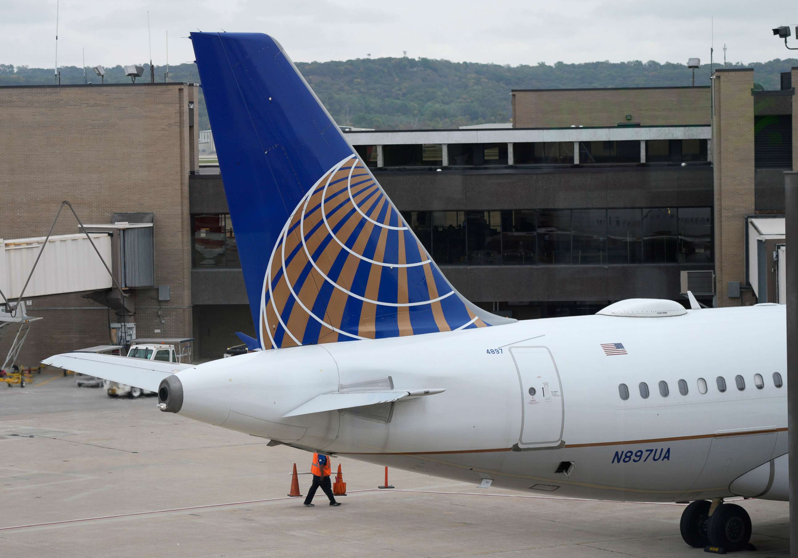 PHOTO: Company logo adorns the tail of a United Airlines jetliner being prepared for departure at Eppley Airfield, Oct. 6, 2021, in Omaha, Neb.