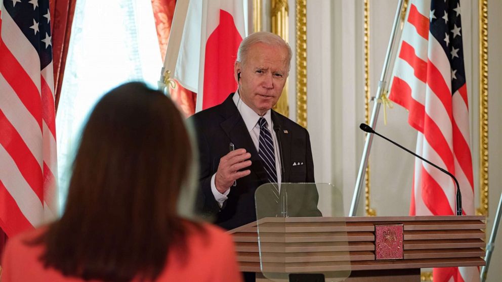 PHOTO: U.S. President Joe Biden and Japanese Prime Minister Fumio Kishida (not seen) hold a joint press conference at the Akasaka Palace state guest house in Tokyo, May 23, 2022. 