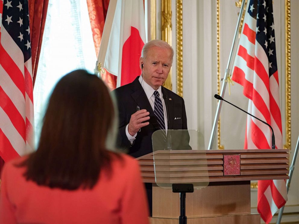PHOTO: U.S. President Joe Biden and Japanese Prime Minister Fumio Kishida (not seen) hold a joint press conference at the Akasaka Palace state guest house in Tokyo, May 23, 2022. 