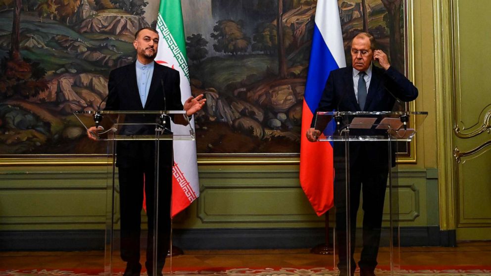 PHOTO: Russian Foreign Minister Sergey Lavrov and Iranian Foreign Minister Hossein Amirabdollahian attend a joint news conference following their talks in Moscow, Oct. 6, 2021.