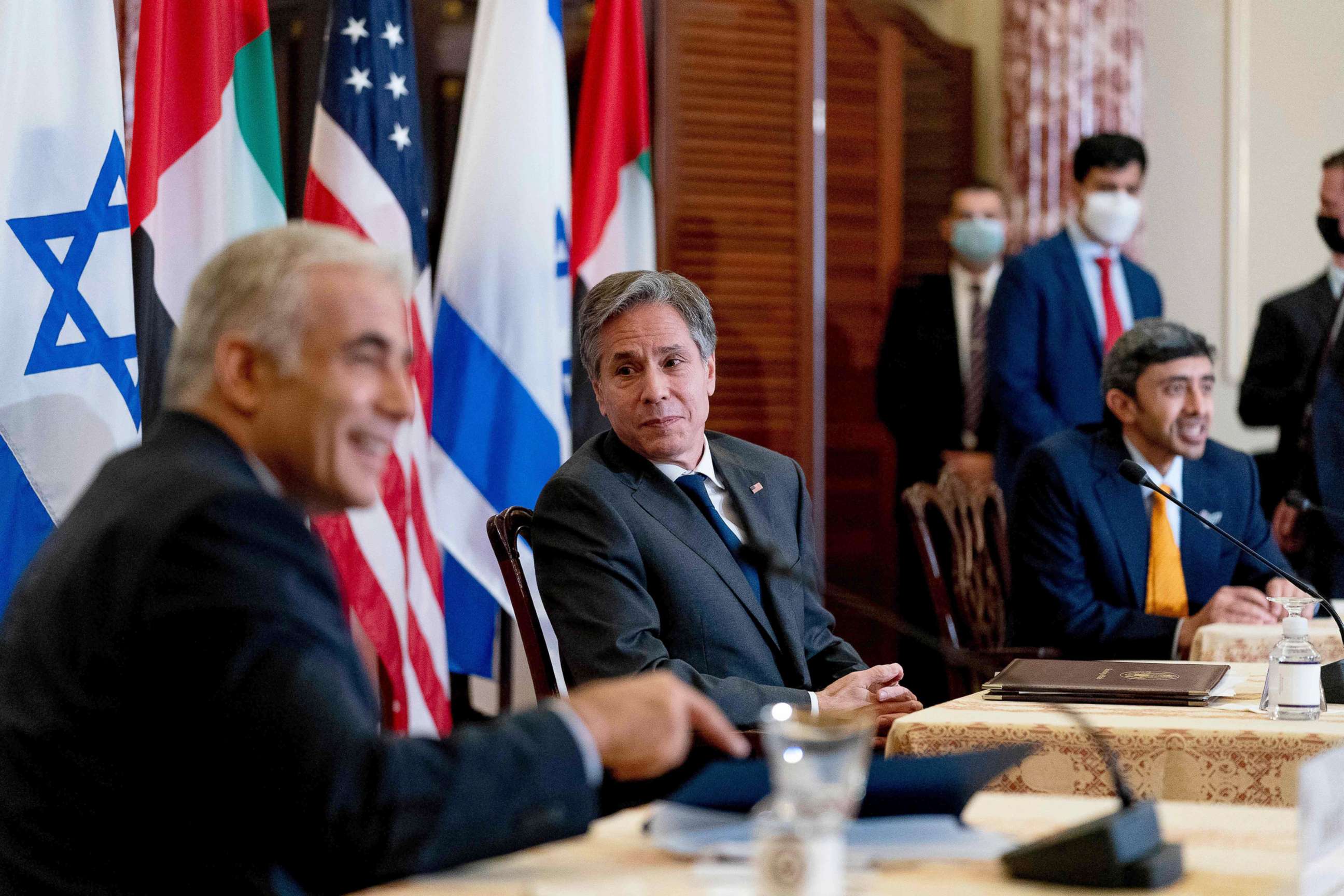 PHOTO: Israeli Foreign Minister Yair Lapid, US Secretary of State Antony Blinken and United Arab Emirates Foreign Minister Sheikh Abdullah bin Zayed al-Nahyan take part in a joint news conference at the State Department in Washington, Oct, 13, 2021.