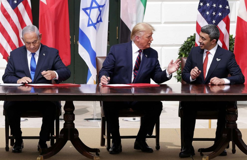 PHOTO: Prime Minister of Israel Benjamin Netanyahu, President Donald Trump, and Foreign Affairs Minister of the United Arab Emirates Abdullah bin Zayed bin Sultan Al Nahyan participate in the signing ceremony at the White House on Sept. 15, 2020.