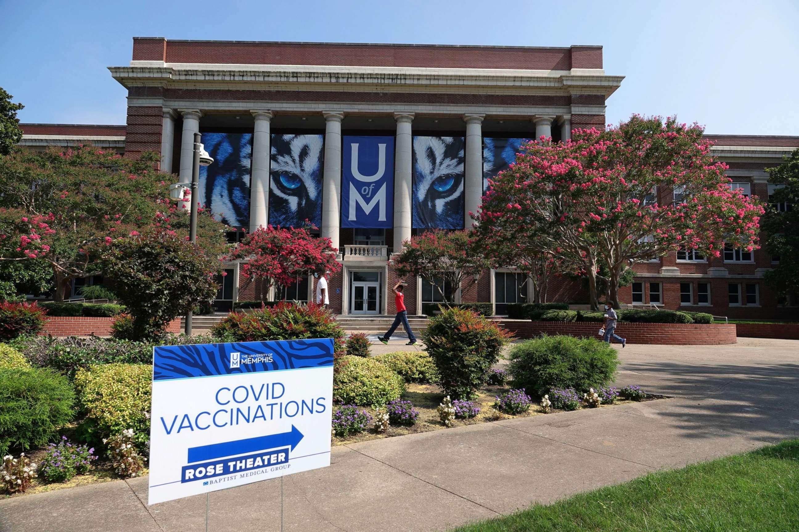 PHOTO: A sign for COVID-19 vaccinations sits on the campus of the University of Memphis in Memphis, Tenn., July 22, 2021.