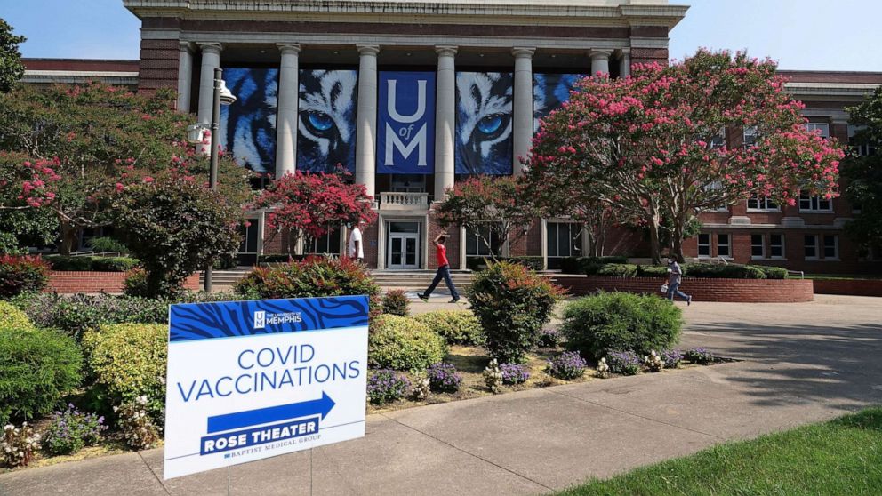 PHOTO: A sign for COVID-19 vaccinations sits on the campus of the University of Memphis in Memphis, Tenn., July 22, 2021.