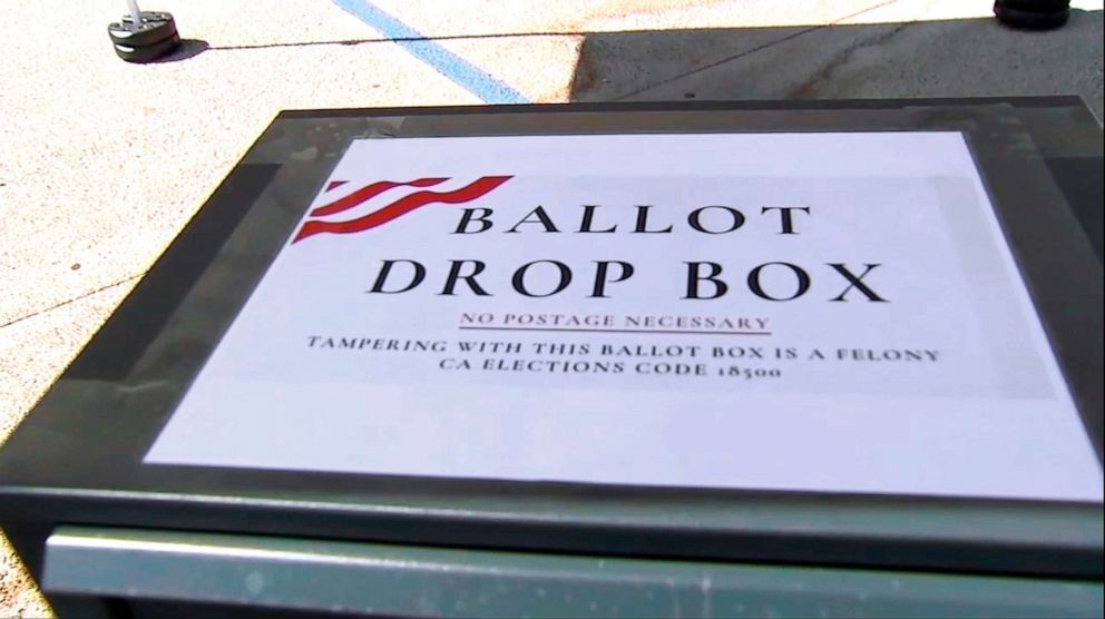 PHOTO: This photo from video provided by ABC7 Los Angeles shows an unofficial ballot drop box at Grace Baptist Church in Santa Clarita, Calif., in October, 2020. California's ballot harvesting law is creating controversy this election year. 