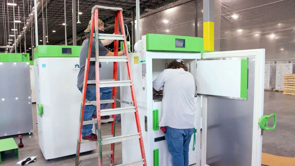 PHOTO: This screen grab from a video shows freezer units being unpacked and tested in anticipation of the FDA approval of Covid-19 vaccines which have to be stored and transported at sub freezing temperatures, in an undisclosed location, Dec. 10, 2020.