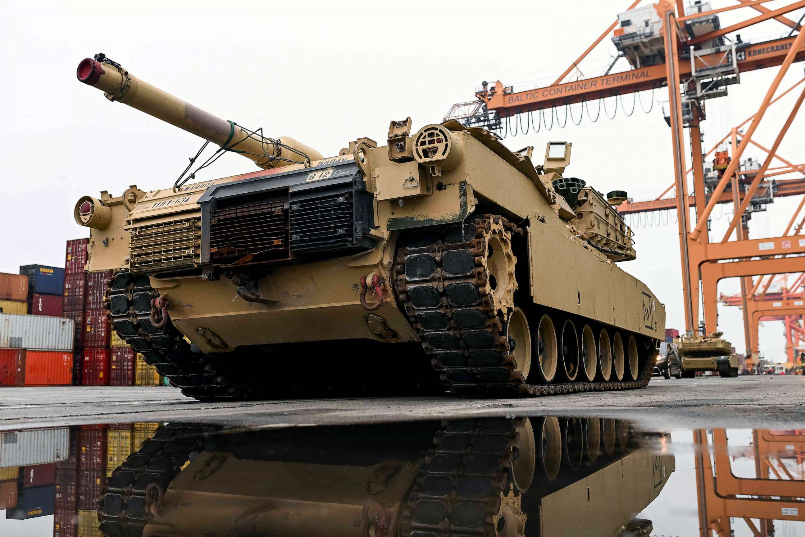 PHOTO: FILE - A M1A2 Abrams battle tank of the US army that will be used for military exercises by the 2nd Armored Brigade Combat Team, is pictured at the Baltic Container Terminal in Gdynia, Dece. 03, 2022.