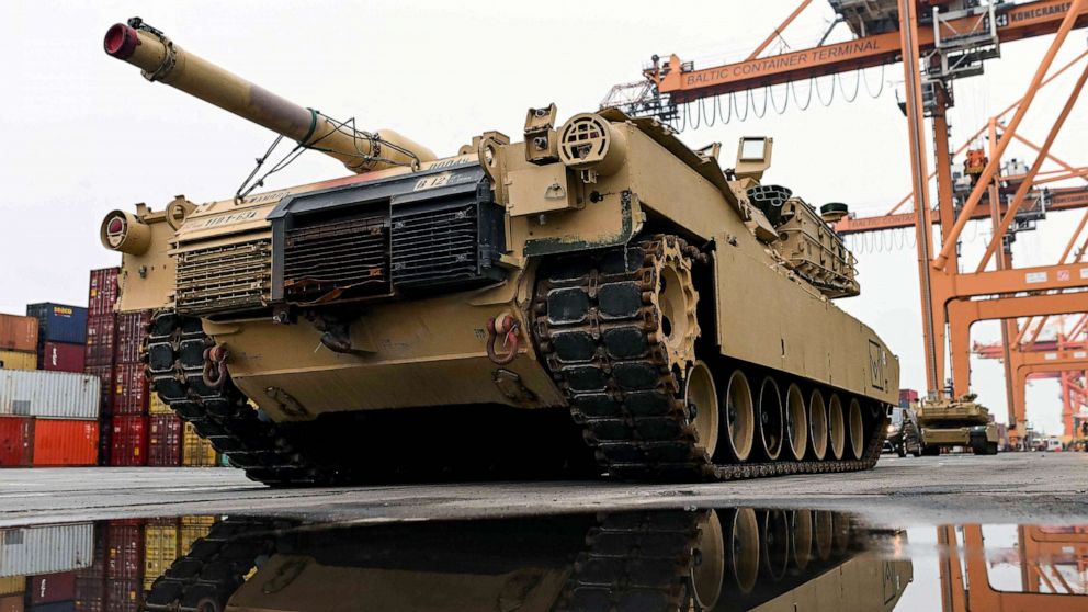PHOTO: FILE - A M1A2 Abrams battle tank of the US army that will be used for military exercises by the 2nd Armored Brigade Combat Team, is pictured at the Baltic Container Terminal in Gdynia, Dece. 03, 2022.