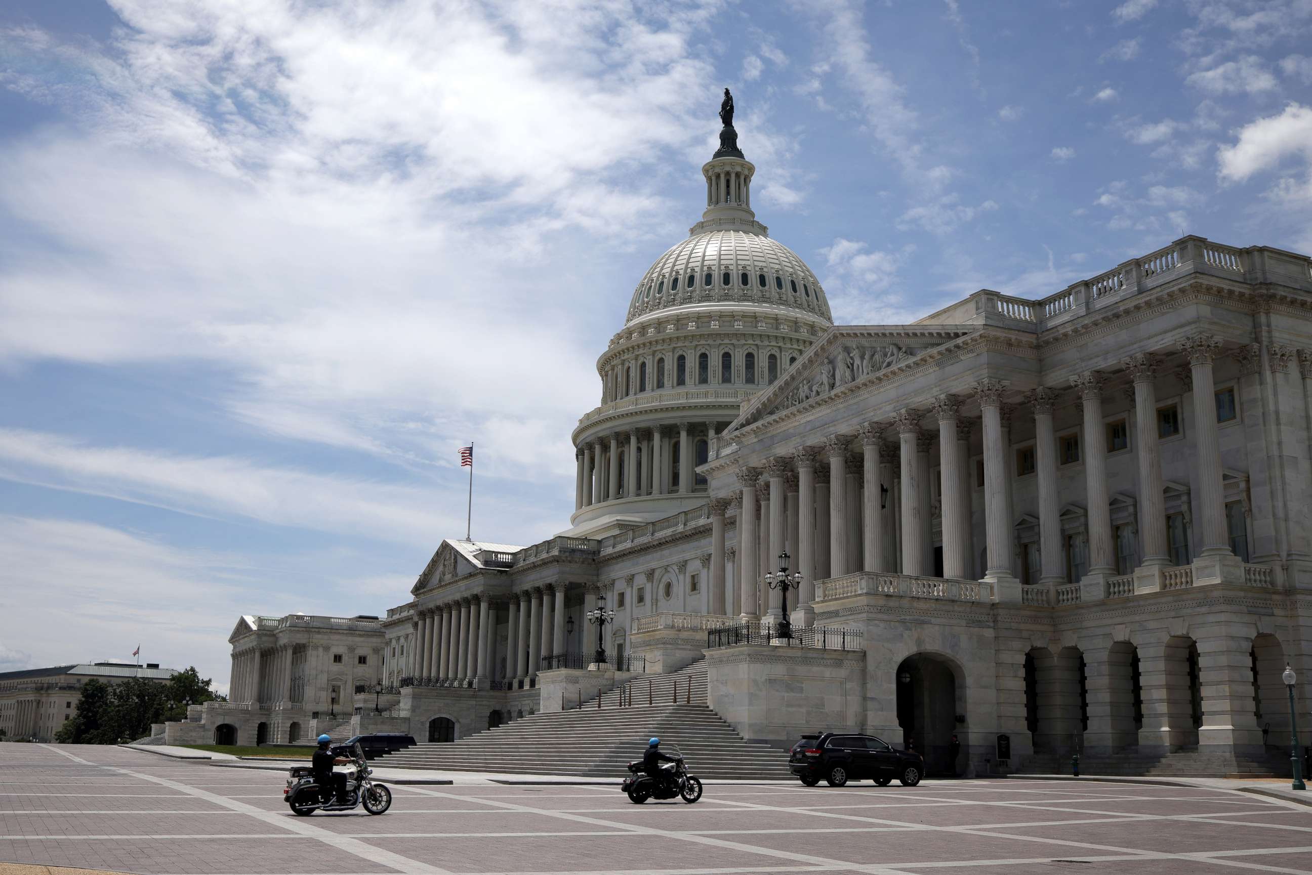 PHOTO: Capitol Police officers ride on motorcycles near the U.S. Capitol, June 1, 2021 in Washington, DC.