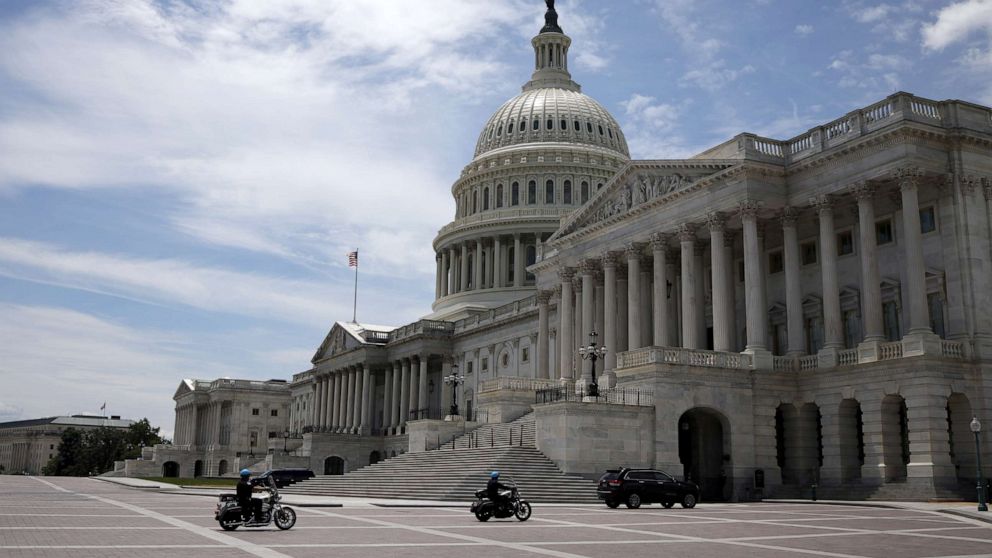 PHOTO: Capitol Police officers ride on motorcycles near the U.S. Capitol, June 1, 2021 in Washington, DC.