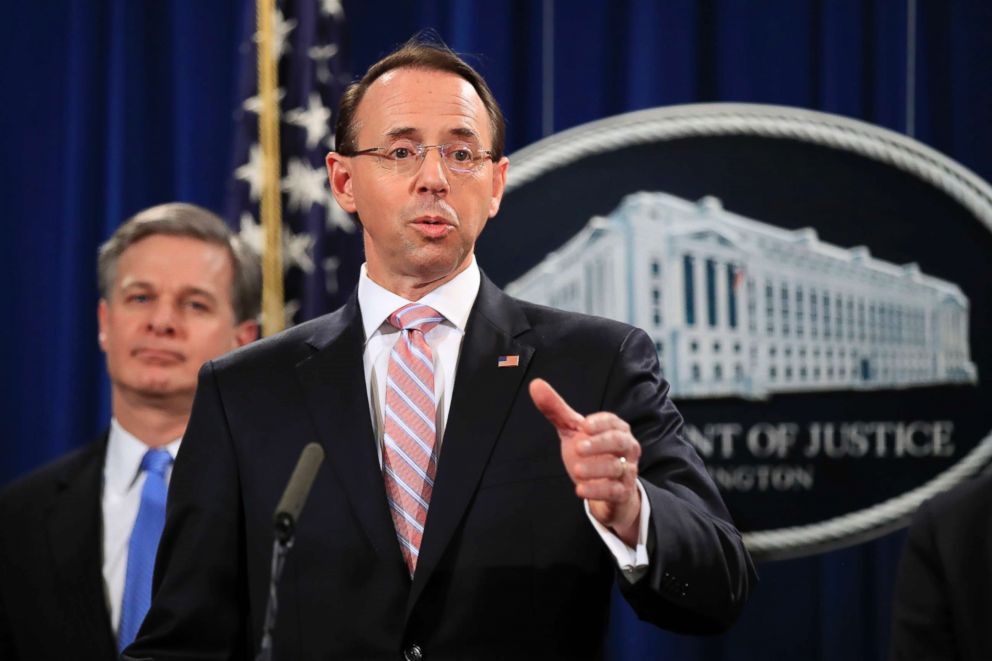 PHOTO: Deputy Attorney General Rod Rosenstein speaks during a news conference at the Department of Justice in Washington, Dec. 20, 2018.