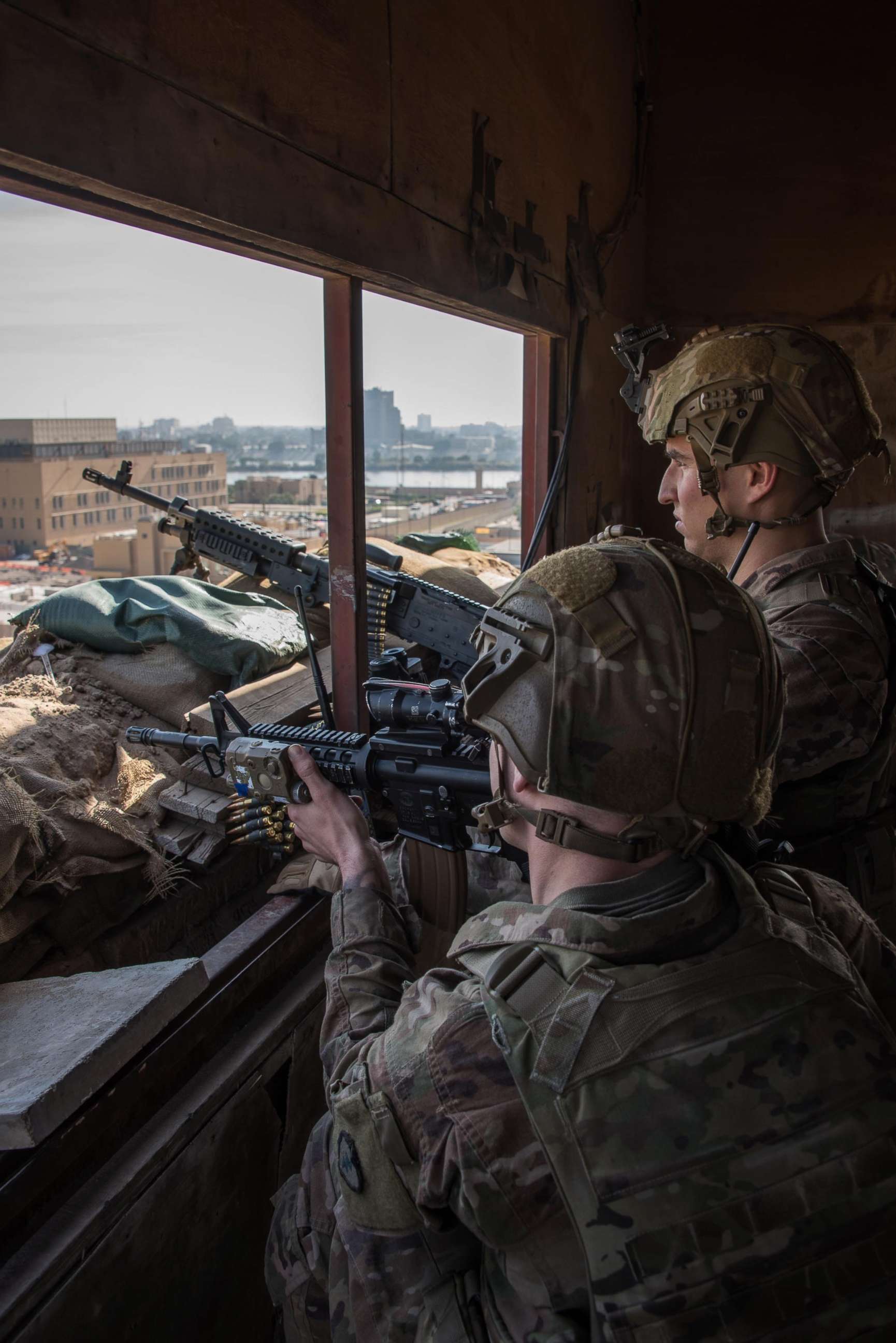 PHOTO: U.S. Army Soldiers maintain overwatch at the U.S. Embassy Compound in Baghdad, Iraq, Jan. 1, 2020.