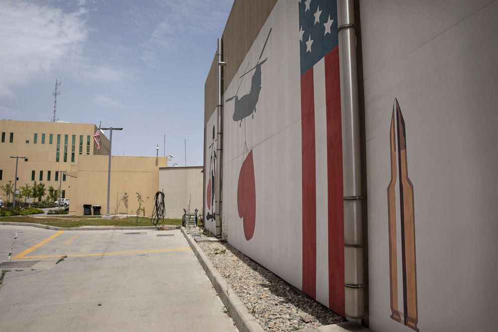 PHOTO: Murals are seen along the walls at the U.S. embassy on July 30, 2021, in Kabul, Afghanistan.