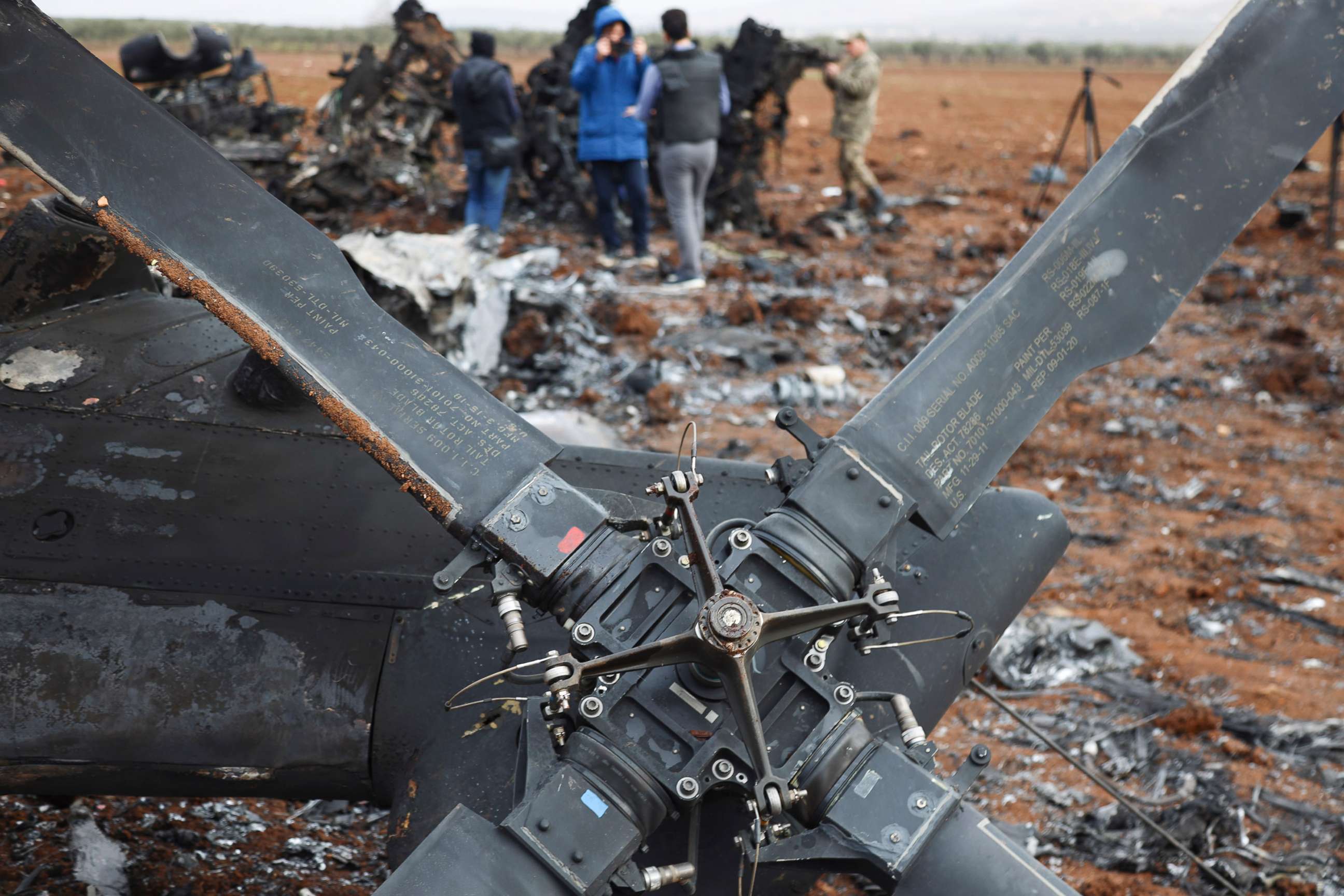 PHOTO: A wreckage of an American helicopter is seen in Afrin region, Syria, Feb. 3, 2022. After an overnight raid in northwest Syria, a U.S. official said one of the helicopters suffered a mechanical problem, was rediredted and destroyed.