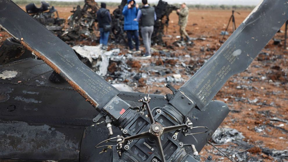 PHOTO: A wreckage of an American helicopter is seen in Afrin region, Syria, Feb. 3, 2022. After an overnight raid in northwest Syria, a U.S. official said one of the helicopters suffered a mechanical problem, was rediredted and destroyed.
