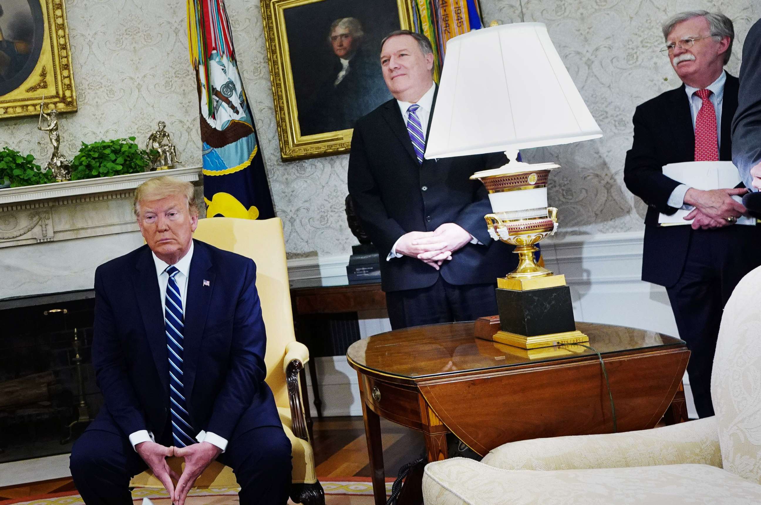 PHOTO: President Donald Trump, Secretary of State Mike Pompeo, and National Security Advisor John Bolton participate in a bilateral meeting with Canada's Prime Minister Justin Trudeau in the Oval Office, June 20, 2019.