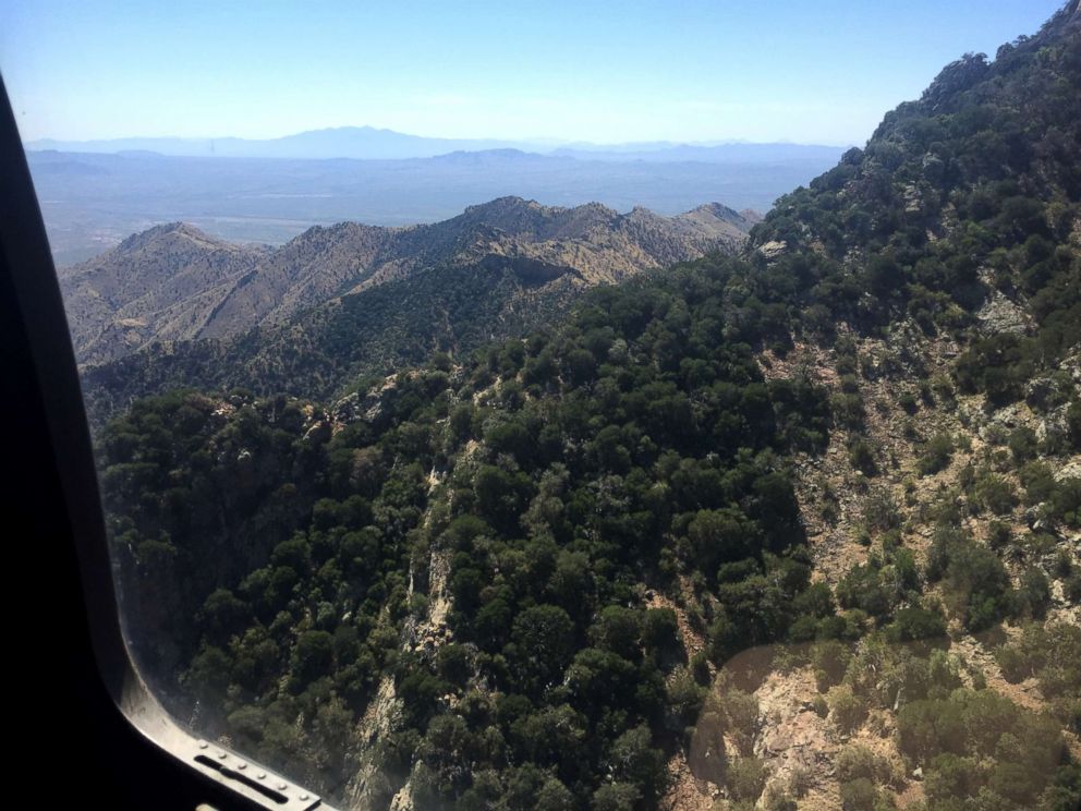 PHOTO: The view from inside a helicopter flying along the U.S.-Mexico border in Arizona. The helicopter was carrying Customs and Border Protection Commissioner Kevin McAleenan and an ABC News crew. (June 2018)