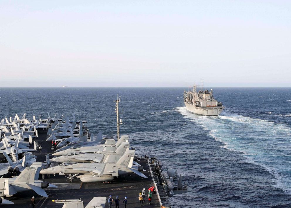 PHOTO: The Nimitz-class aircraft carrier USS Abraham Lincoln pulls alongside the fast combat support ship USNS Arctic for a replenishment-at-sea, in Arabian Sea, June 7, 2019.