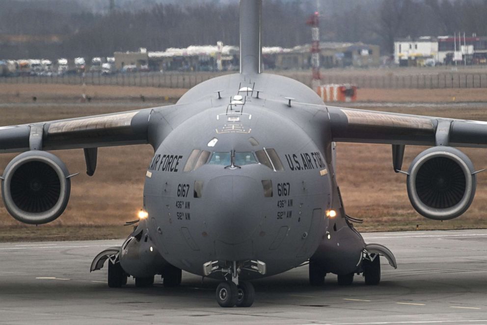 PHOTO: A U.S. Air Force Boeing C-17A Globemaster III transport aircraft arrives with US soldiers at Jasionka Rzeszow Airport, Feb. 6, 2022 in Rzeszow, Poland.