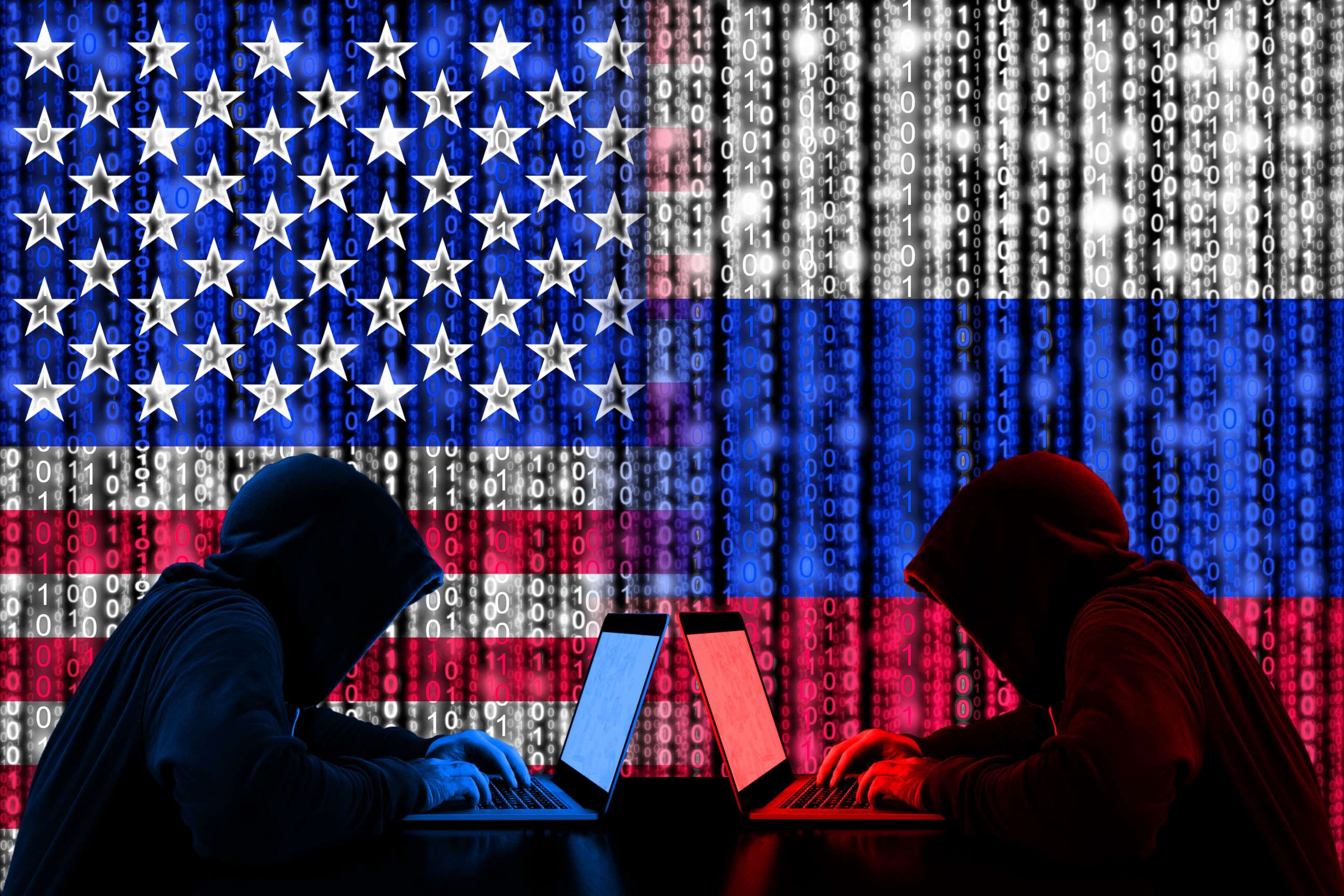 PHOTO: Stock photo of binary coding on American and Russian flags. 