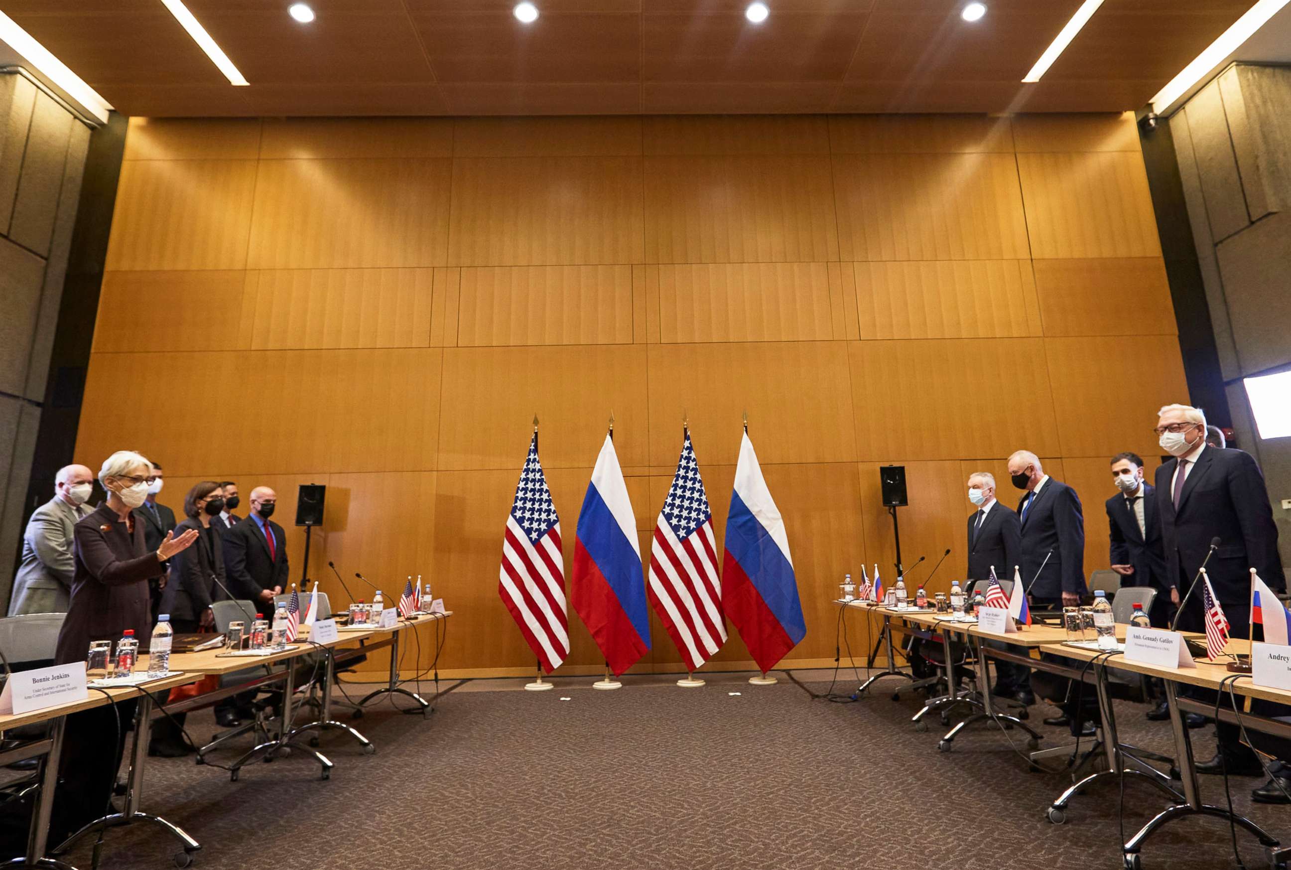 PHOTO: U.S. Deputy Secretary of State Wendy Sherman, left, and Russian deputy Foreign Minister Sergei Ryabkov, right, attend security talks at the United States Mission in Geneva, on Jan. 10, 2022.