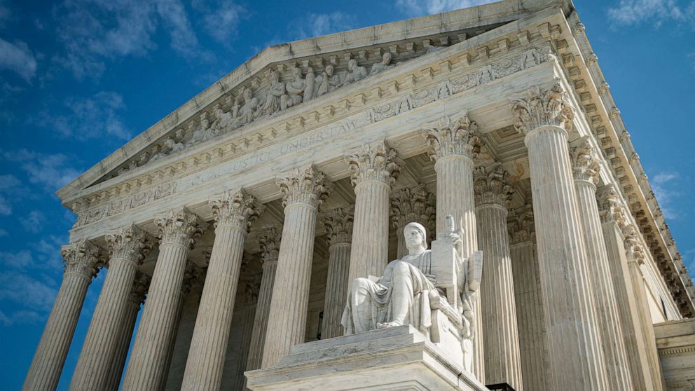 PHOTO: The Guardian or Authority of Law, created by sculptor James Earle Fraser, rests on the side of the U.S. Supreme Court on Sept. 28, 2020, in Washington, D.C.