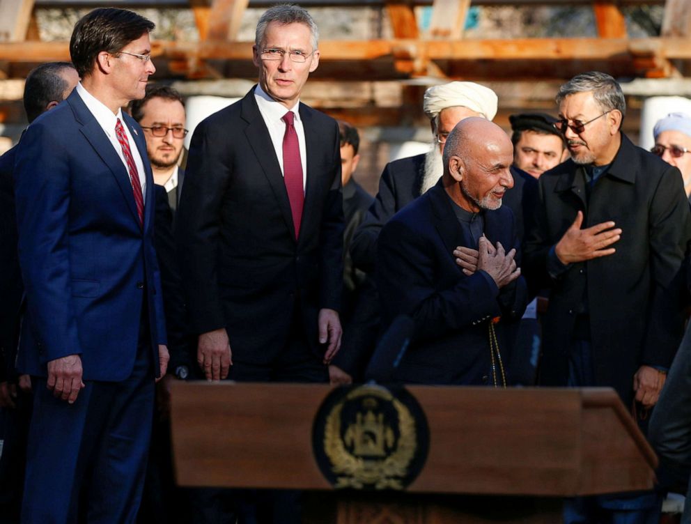 PHOTO: U.S. Defense Secretary Mark Esper left, NATO Secretary General Jens Stoltenberg, center, and Afghanistan's President Ashraf Ghani arrive for a joint news conference in Kabul, Feb. 29, 2020.