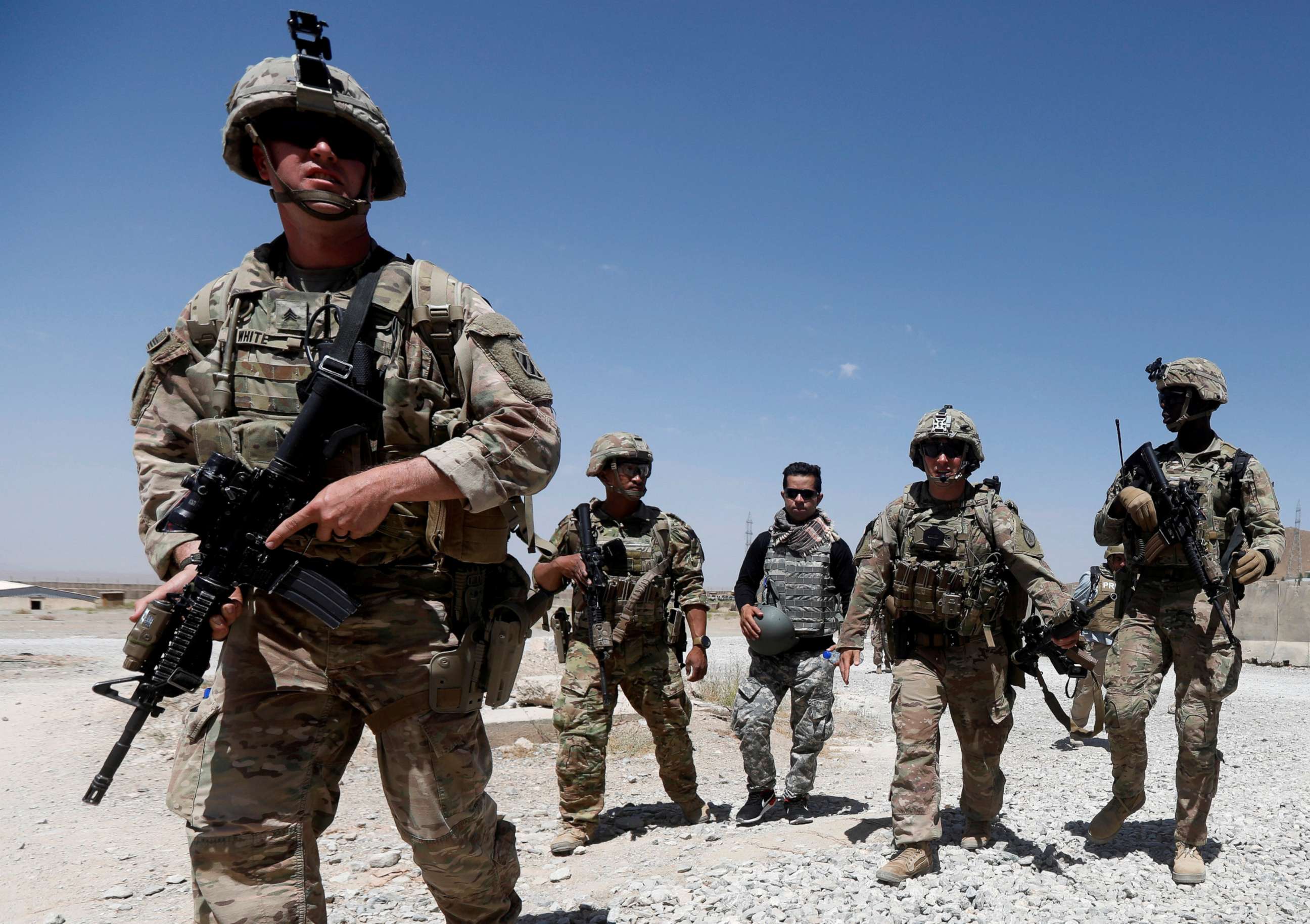 PHOTO: U.S. troops patrol at an Afghan National Army Base in Logar province, Afghanistan Aug. 7, 2018.