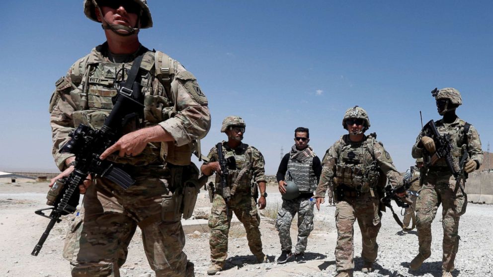 PHOTO: U.S. troops patrol at an Afghan National Army Base in Logar province, Afghanistan Aug. 7, 2018.