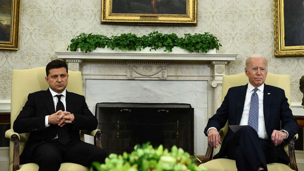 PHOTO: Ukraine's President Volodymyr Zelensky meets with President Joe Biden in the Oval Office of the White House, Sept. 1, 2021.