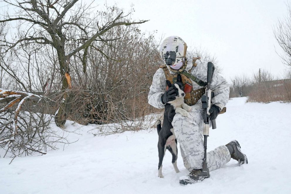 PHOTO: A service member of the Ukrainian armed forces strokes a dog at combat positions near the line of separation from Russian-backed rebels outside the town of Avdiivka in Donetsk Region, Ukraine Jan. 25, 2022. 
