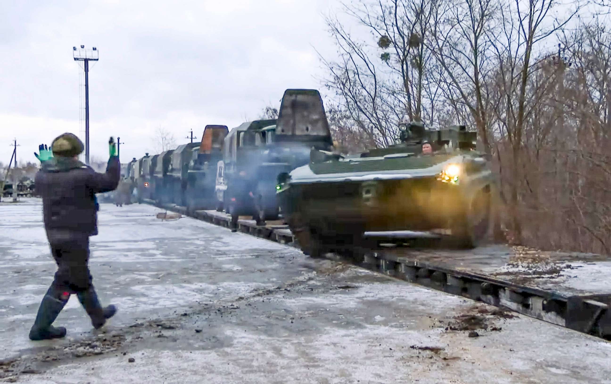 PHOTO: A Russian armored vehicle drives off a railway platform after arrival in Belarus, Jan. 19, 2022.