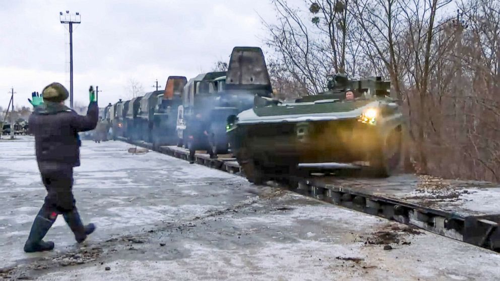 PHOTO: A Russian armored vehicle drives off a railway platform after arrival in Belarus, Jan. 19, 2022.