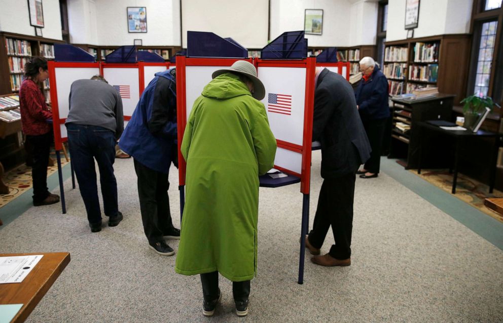 PHOTO: Voters fill out their ballots at Hyde Community Center in the Newton Highlands section of Newton, MA, Nov. 5, 2019.
