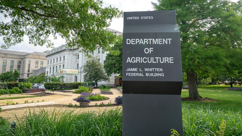 PHOTO: In this May 9, 2019, file photo, the sign for the US Department of Agriculture Jamie L Whitten Federal Building is shown in Washington, D.C.