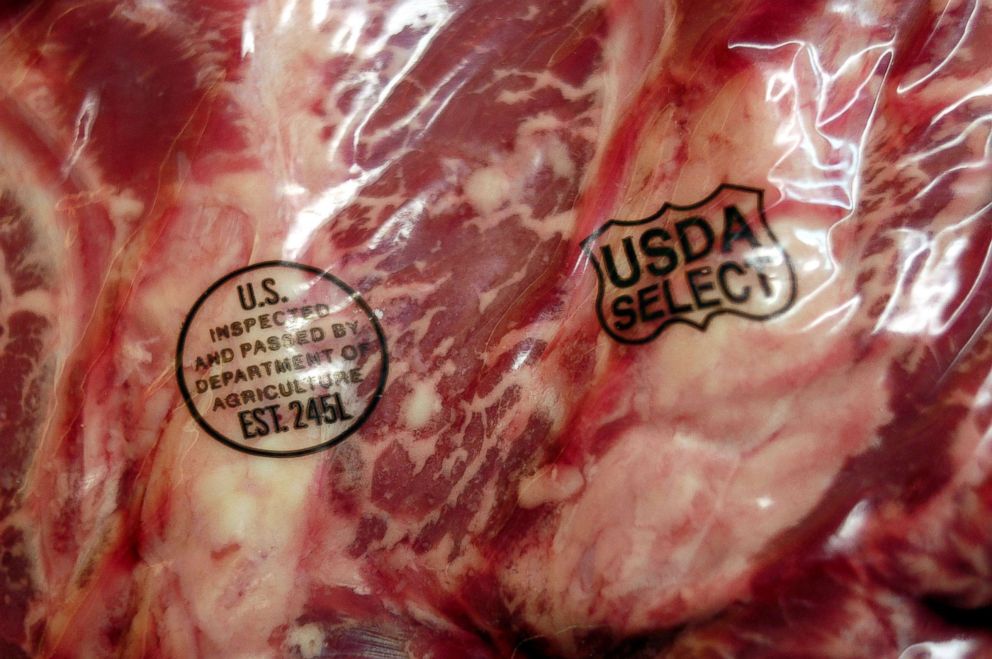 PHOTO: A side of beef is shown with the USDA inspection stamp at Wilson's Blue Ribbon Meats in Fairless Hills, Pennsylvania.