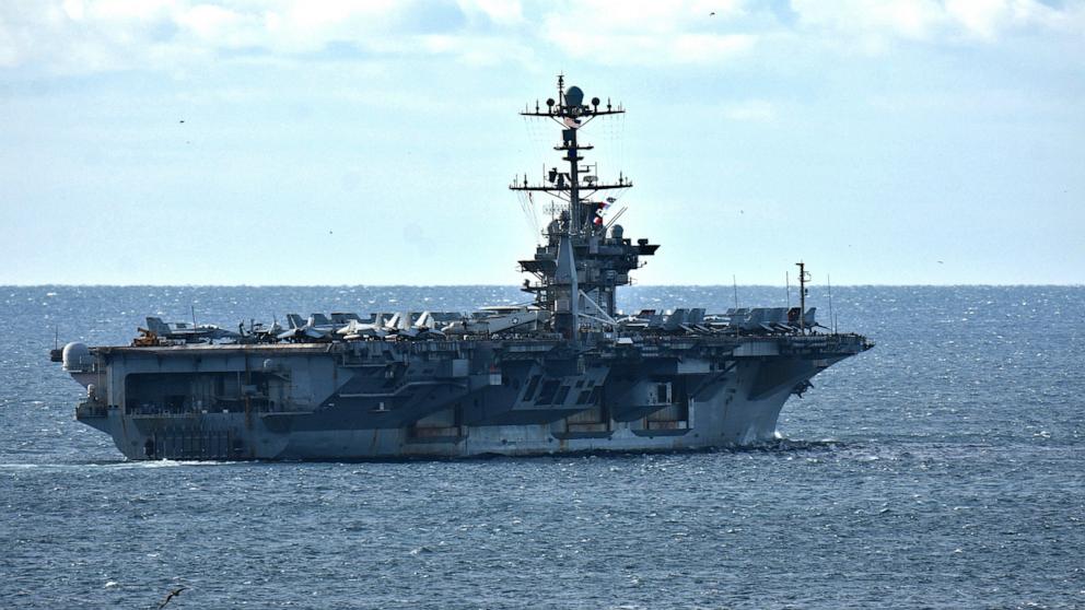 PHOTO: The aircraft carrier USS Harry S. Truman leaves the French Mediterranean port of Marseille, on Dec. 3, 2024.