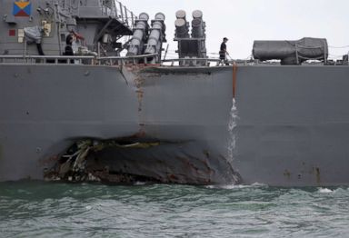 PHOTO: The U.S. Navy guided-missile destroyer USS John S. McCain is seen after a collision, in Singapore waters Aug. 21, 2017.