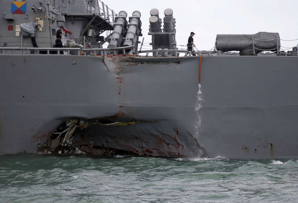 PHOTO: The U.S. Navy guided-missile destroyer USS John S. McCain is seen after a collision, in Singapore waters Aug. 21, 2017.