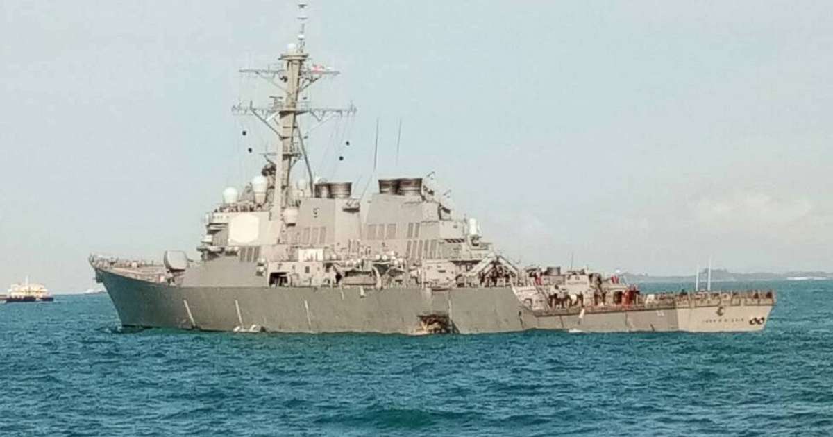 PHOTO: The USS John S. McCain after it collided with a commercial vessel east of Singapore on Aug. 20, 2017.