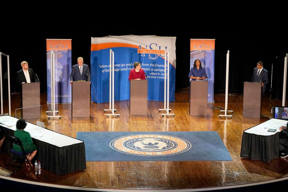 PHOTO:  (l to r) Del. Lee Carter, former Gov. Terry McAuliffe, state Sen. Jennifer McClellan, Del. Jennifer Carroll Foy, and Virginia Lt. Gov. Justin Fairfax, participate in a debate at Virginia State University in Petersburg, Va., April 6, 2021. 