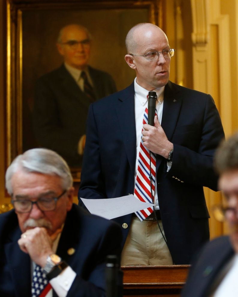 PHOTO: Virginia Del. Rob Bell, R-Albermarle, top, Chairman of the Courts of Justice Committee, announces that he will call a hearing with the two accusers and Lt. Gov Justin Fairfax to hear their accusations in Richmond, Va., Friday, Feb. 22, 2019. 