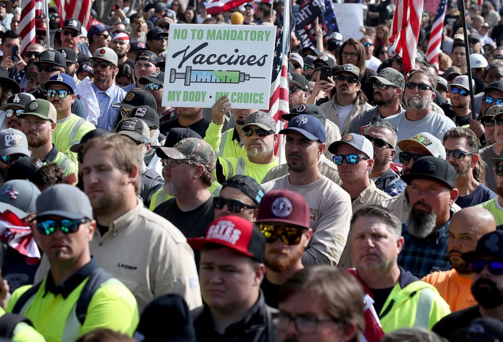 PHOTO: Hundreds of people opposed to vaccination mandates protest at Grand Park in Los Angeles, Nov. 8, 2021.