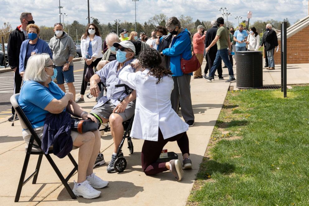 PHOTO: A man receives a dose of a COVID-19 vaccine at a clinic ran by Skippack Pharmacy as cases rise in the state in Lansdale, Penn., April 18, 2021. 