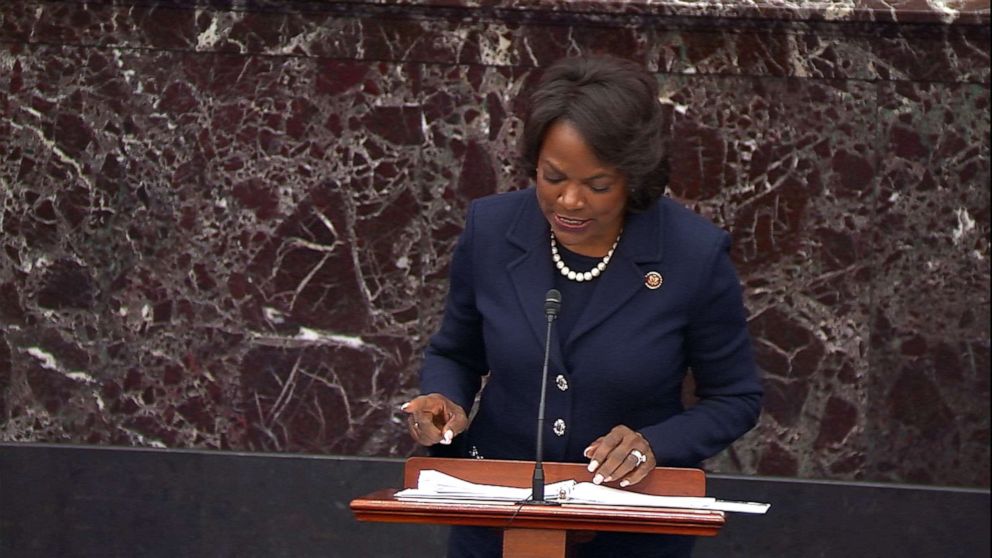 PHOTO: Val Demings speaks on the Senate floor during the impeachment trial of President Donald Trump, Jan. 23, 2020, in Washington, DC.