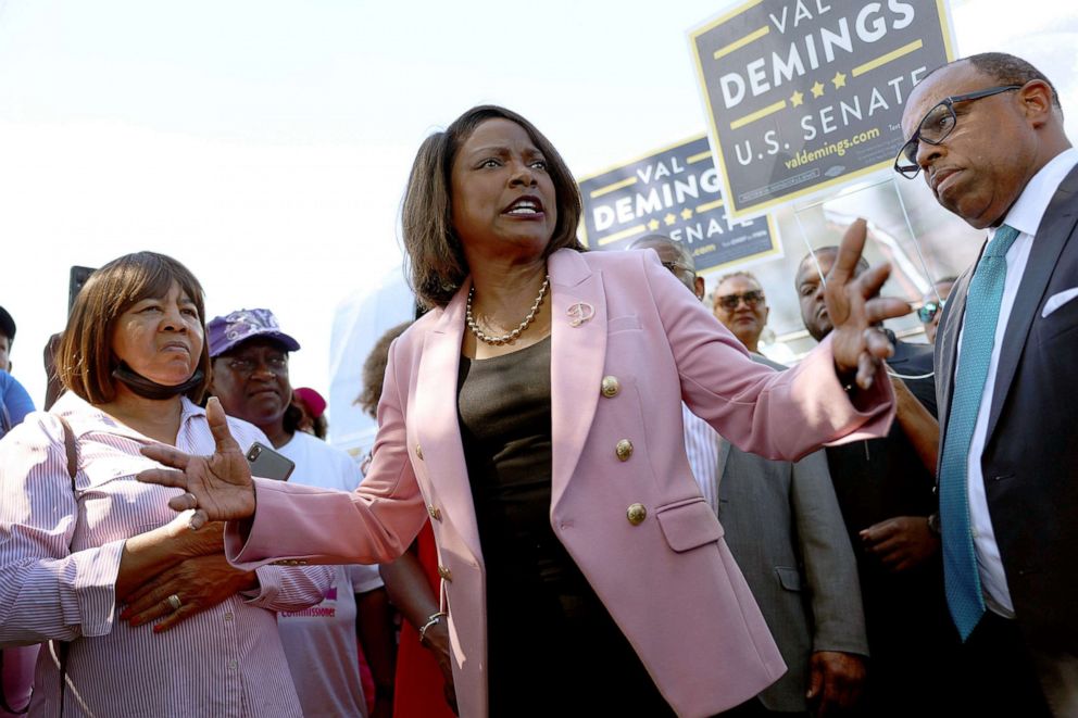 PHOTO: U.S. Rep. Val Demings, Democratic nominee for the U.S. Senate, speaks during a meet and greet event outside of the North Miami Library polling place, Oct. 24, 2022. in North Miami, Fla.