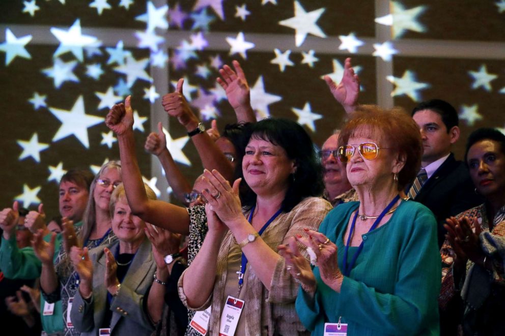 PHOTO: Attendees applaud for Senate Majority Leader Mitch McConnell during the Family Research Council's Value Voters Summit at the Omni Shoreham Hotel, Sept. 21, 2018, in Washington, DC.