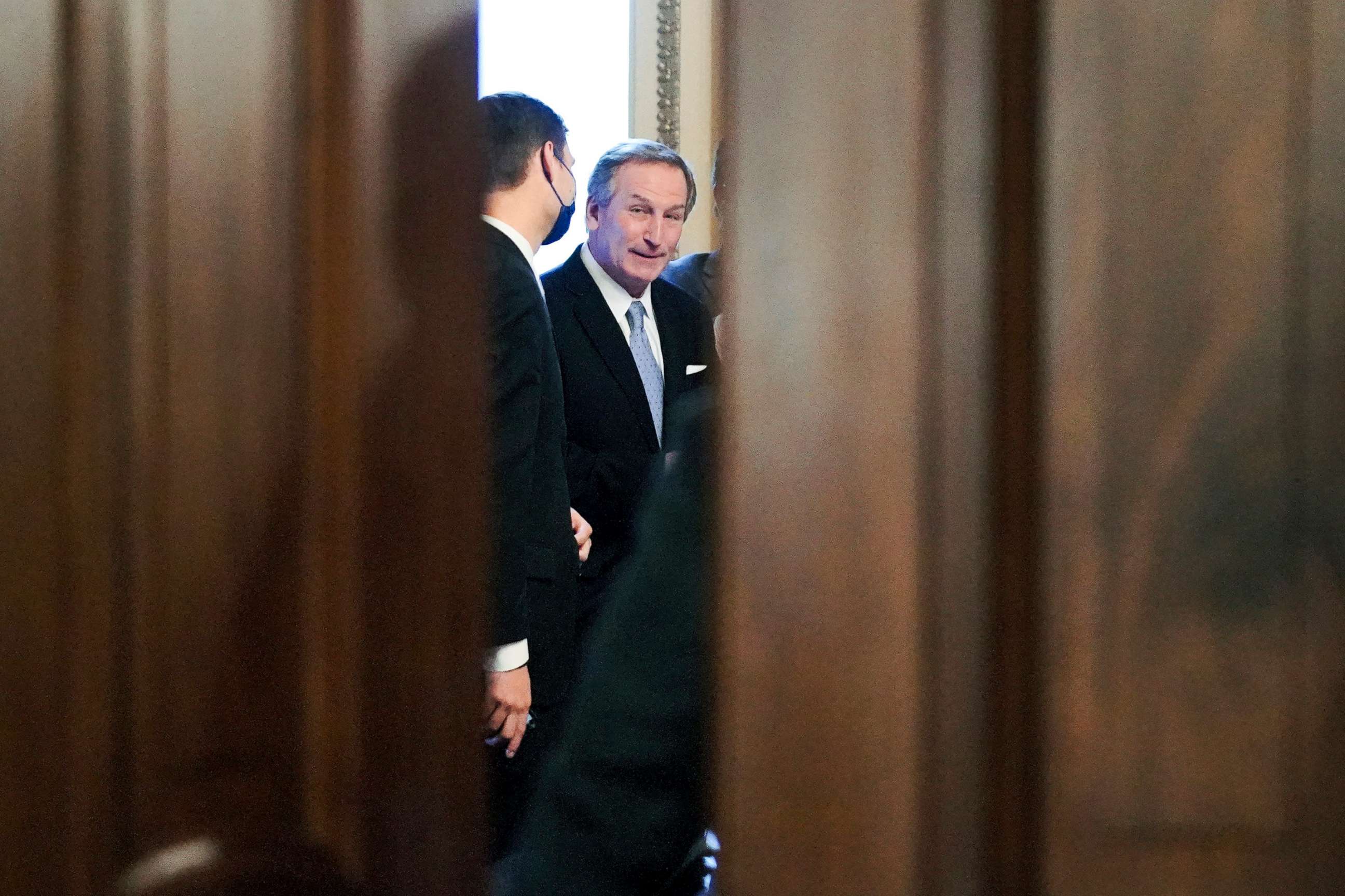 PHOTO: Michael van der Veen, an attorney for former President Donald Trump, is seen on Capitol Hill after the Senate acquitted Trump in his second impeachment trial at the U.S. Capitol in Washington, D.C., Feb. 13, 2021. 